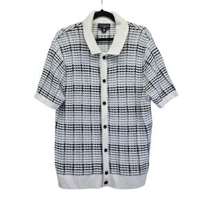 Republic White Black Geometric Open Knit Button Down Short Sleeve Shirt Large